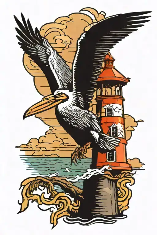 Pelican With Lighthouse Standing Tall