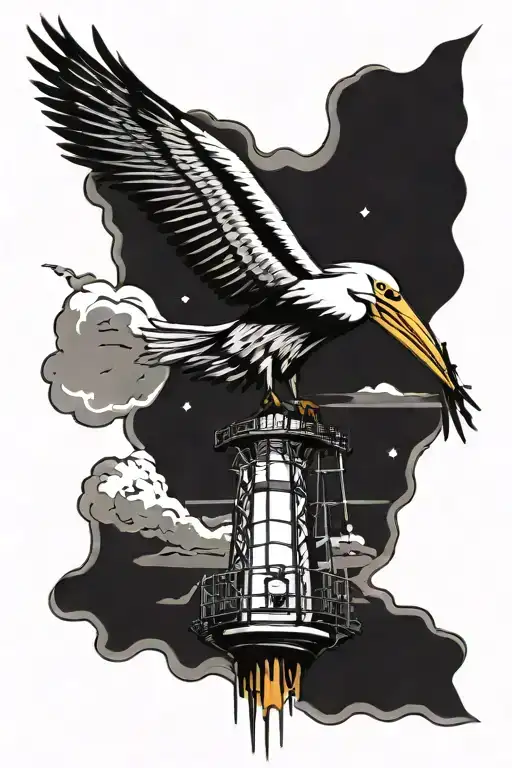 Pelican With Lighthouse Standing Tall