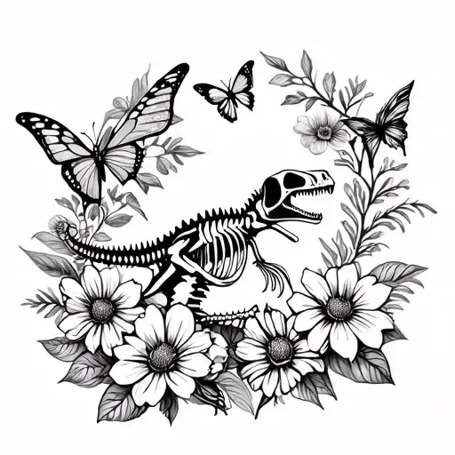 Flowers Butterfly Dinosaur Skeleton
