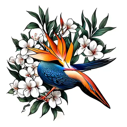 Bird Of Paradise With Japanese Cherry Flowers