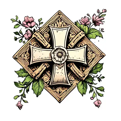 Old School Maltese Cross With Florals And Scrolls