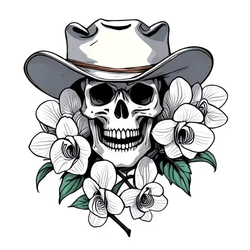 A Skeleton Cowboy Skull With Orchid Flowers