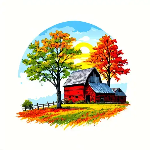 Red Bank Barn Surrounded By Maple Trees Colors Sunset
