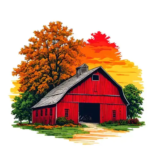 Well Maintained Red Bank Barn Surrounded By Maple Trees Colors Sunrise