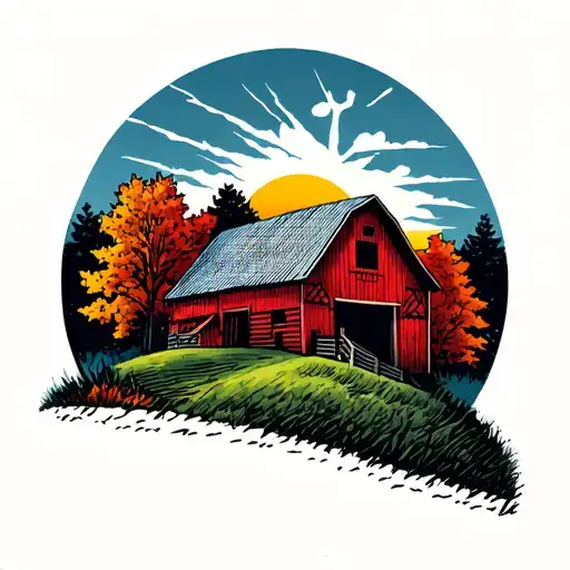 Well Maintaind Red Bank Barn On A Hill Surrounded By Maple Trees At Sunrise During Summer