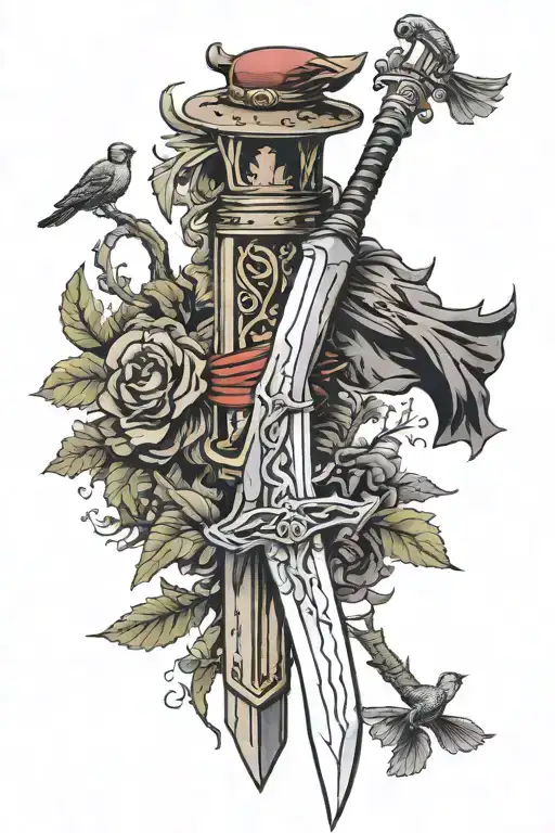 Guts Sword From Berserk Stuck In The Ground With A Cardinal Sitting On The Hilt