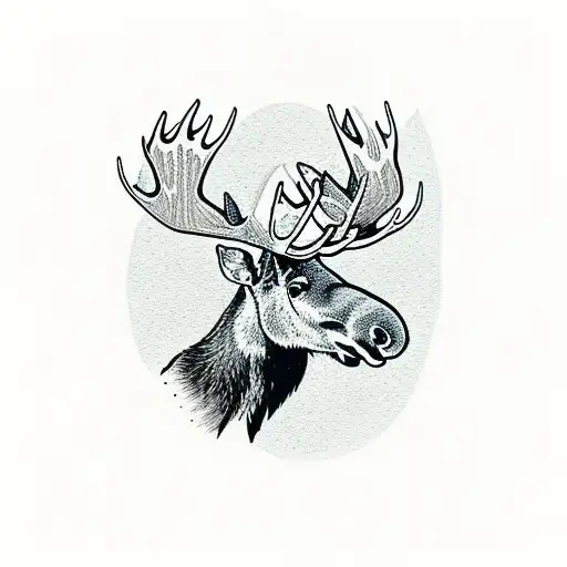 A Dotwork Design Featuring A Moose Peacefully Wandering Through A Serene Forest Landscape