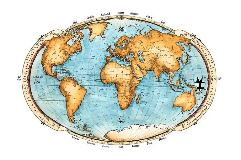 Nautical World Map With Lattitude And Longitude Coordinates Intertwined