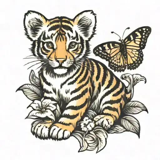 Baby Tiger And Butterfly