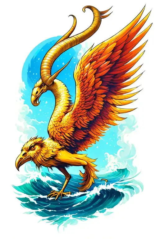 Capricorn Melted With Phenix Bird In A Storm Scenario In The Ocean In An Unknown Universe