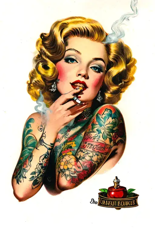 Tattooed Blonde 50'S Style Pin Up Girl Smoking A Joint