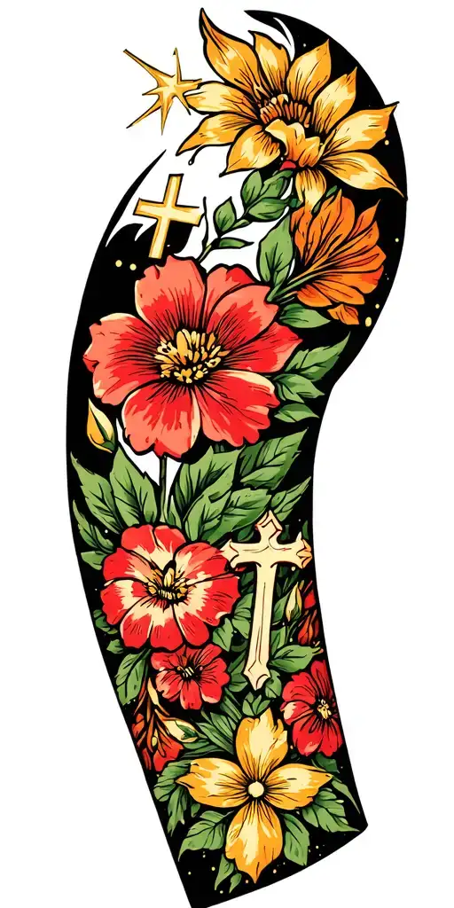 Sailor Jerry Floral Sleeve With Gold Twinkles And Crosses In The Negative Space