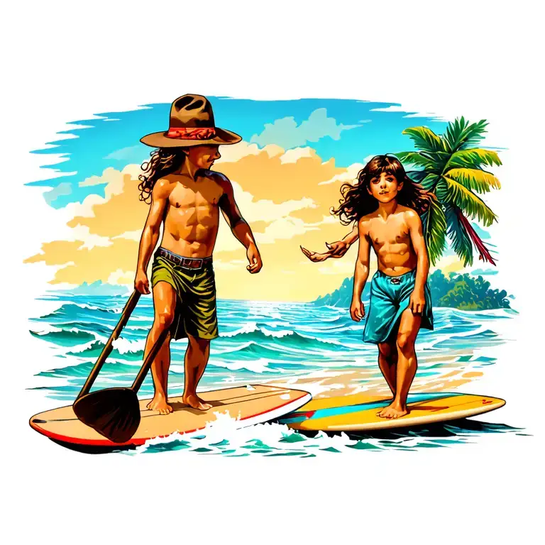 2 Boys And One Girl Surf Beach Scene Sea