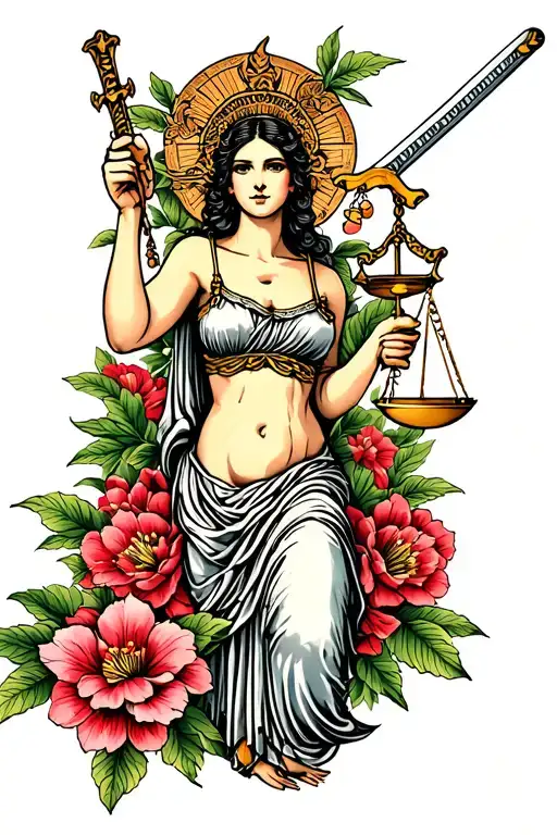 Lady Justice Holding Scales And Katana Surrounded By Japanese Flowers Traditional