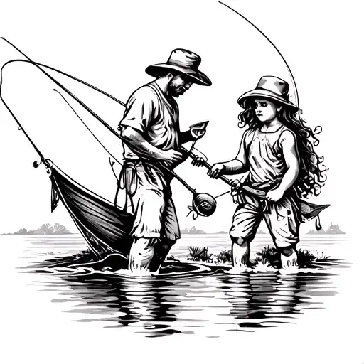 Human Father Daughter And Son Fishing