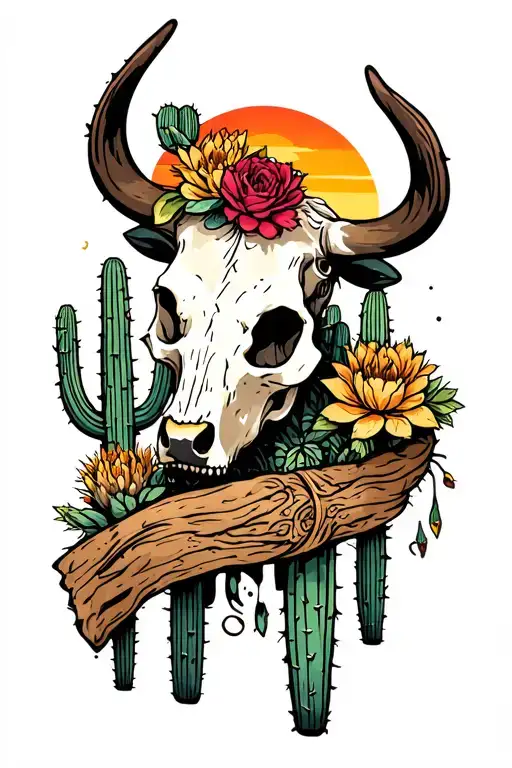 Southernwestern Gothic Cow Skull And Cactus And Sunset