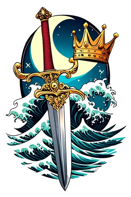 Ocean Waves And Sword And Moon And Crown