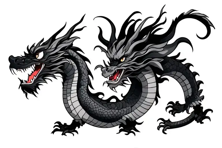 Single Head Traditional Japanese Dragon Without Wings Black And Grey Full Length Design