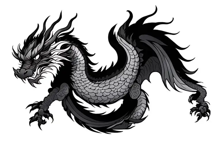 Single Head Traditional Japanese Dragon Without Wings Black And Grey Full Length Design