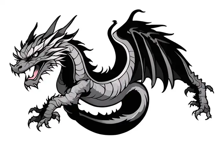 Single Head Traditional Japanese Dragon Without Wings Black And Grey Full Length Design