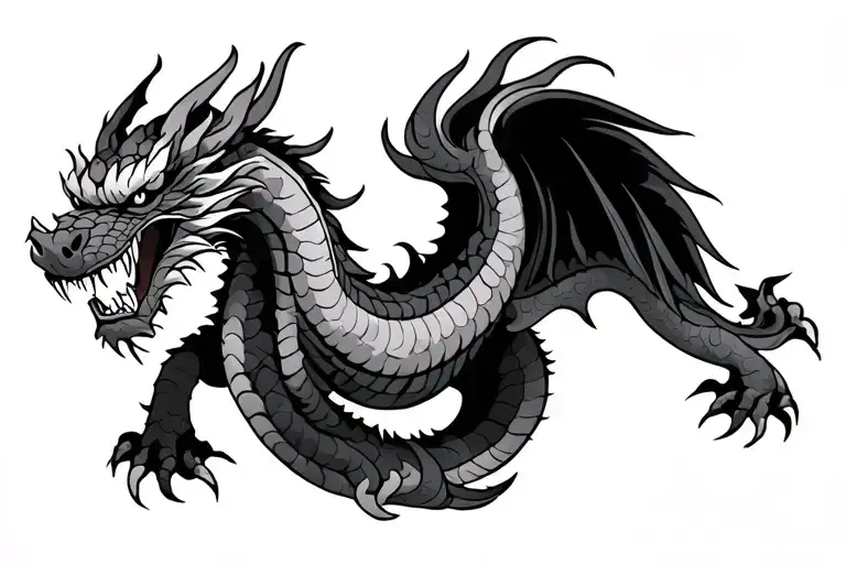 Single Head Traditional Japanese Dragon Without Wings Black And Grey Full Length Design