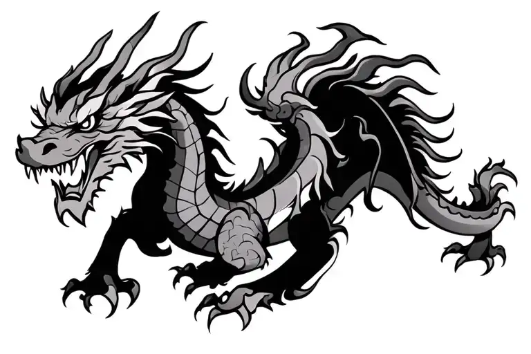 Single Head Traditional Japanese Dragon Without Wings Black And Grey Full Length Design
