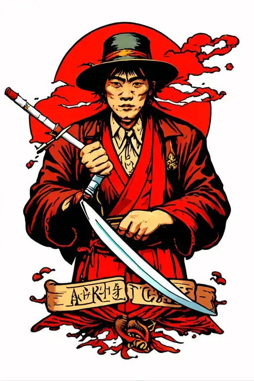 Japanese Knife In His Hand And A Cigarette In The Right
