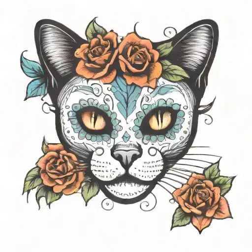 A Sugar Skull Of A Cat With Flowers