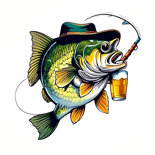 Bass Fish Fishing For A Beer Wearing A Hat