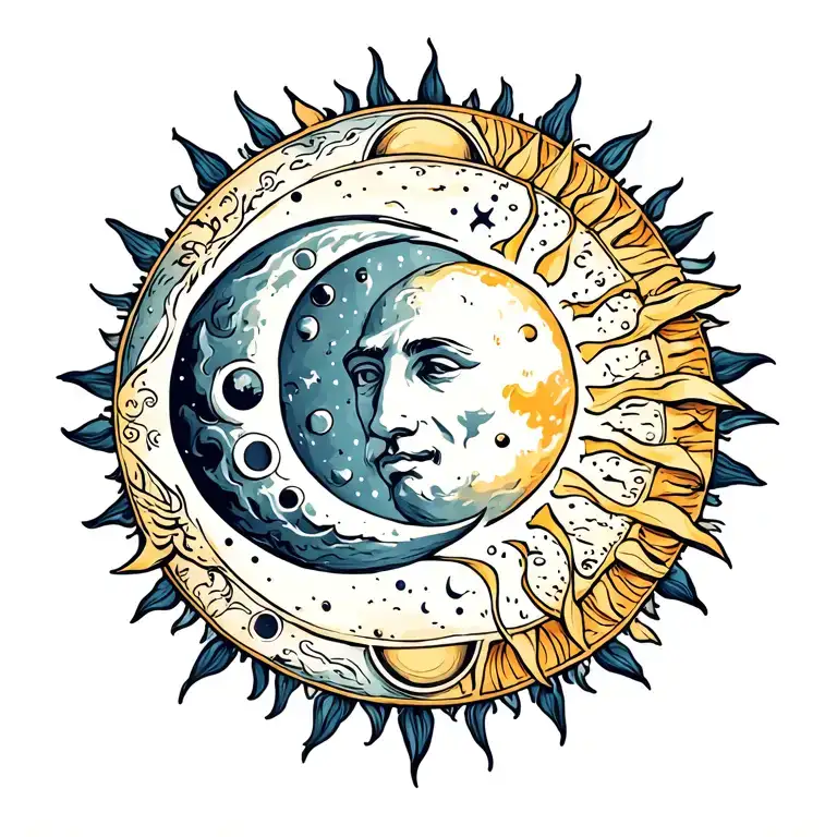 Moon And Sun Old School Tattoo With Moon Phases Lower Part Of The Men's Back