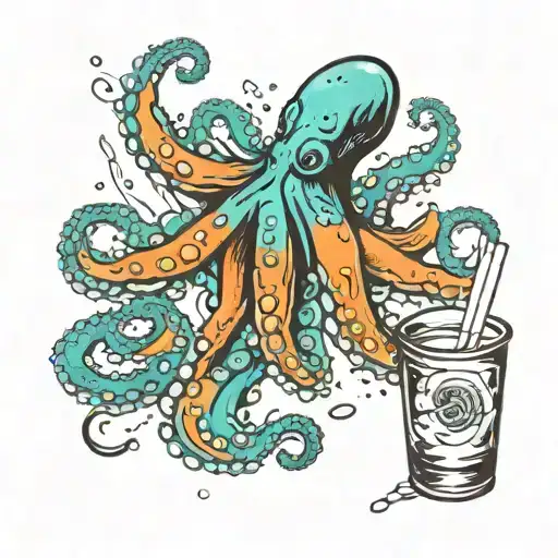 Teal Octopus With Revolvers Sitting In A Puddle Of Orange Liquid With A Spilled Cup Next To It