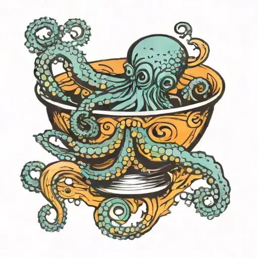 Teal Octopus Sitting In A Cup Of Spilled Orange Liquid