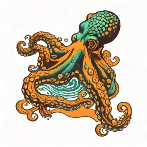 Teal Octopus Sitting In A Puddle Of Orange Liquid