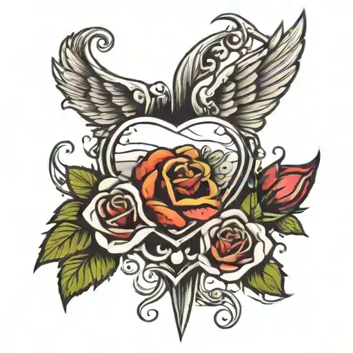 Heart With Wings A Knife Going Through It With A Rose And A Banner