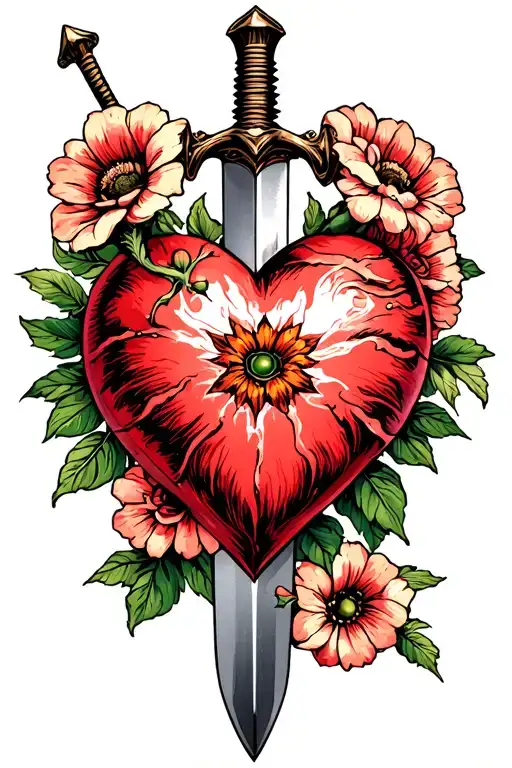 Flowers With A Sword Piercing A Heart