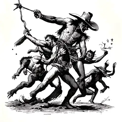 Cowboy Fighting A Pit Of Demons Trying To Pull Him To Hell