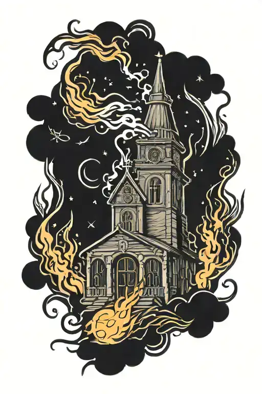 Burning Witch And Church On A Norde Pyre Dark Black And Orange Fire