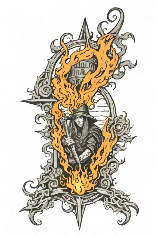 Dark Norse Burning Witch And Church Black Grey Orange Fire