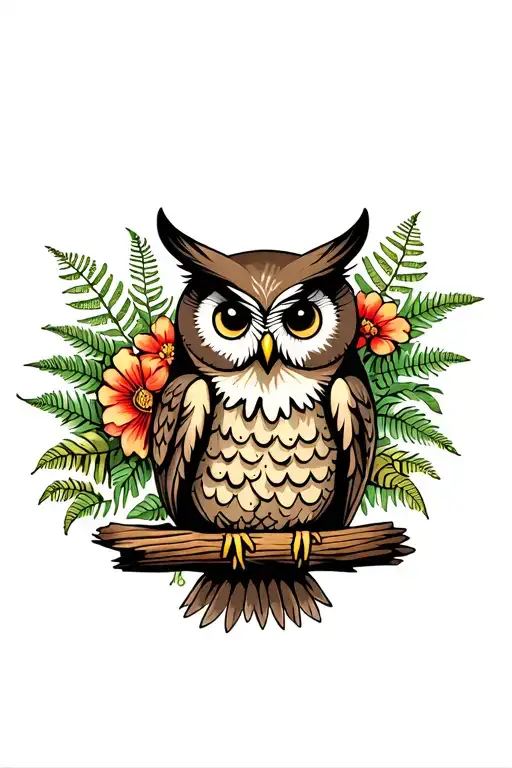 Owl With Dog Wood Flowers And Ferns