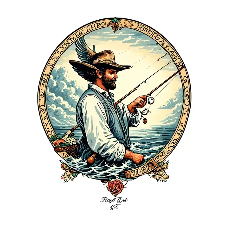 Man Fishing In Heaven With Fishing Rod Casting A Line