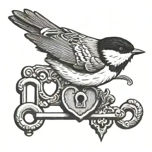 Black Capped Chickadee Perched On A Heart Shaped Lock And Key