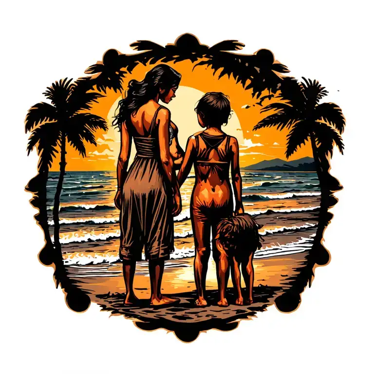 A Woman And Her Child Standing Far Away On Beach