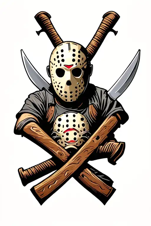 Jason Vorhees Mask Facing Straight Forward With Crossed Machetes Behind