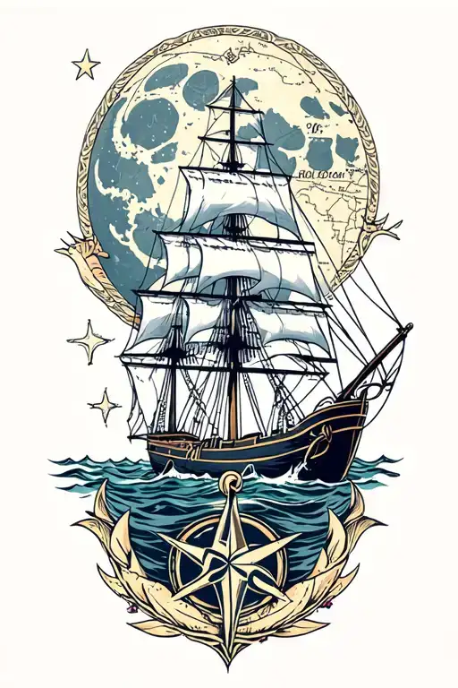 The Ship Against The Background Of The Moon Below With The Map Of The Wind Rose And The Anchor