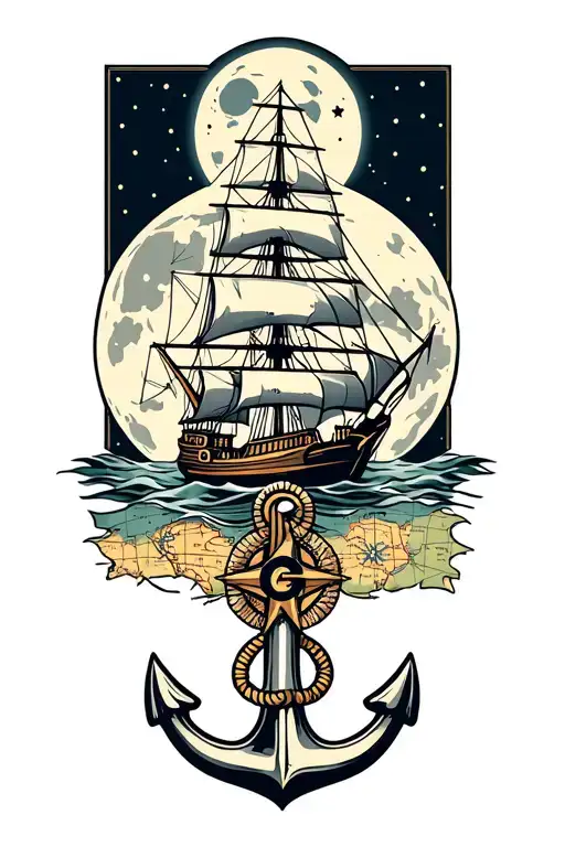 The Ship Against The Background Of The Moon Below With The Map Of The Wind Rose And The Anchor