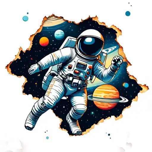 Ripped Burnt Paper That Has An Astronaut Drifting Through Space With Planets In The Backgroung