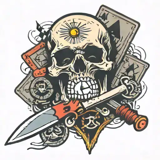 Skull With Knife Through It With Cards An Ace With A Clock