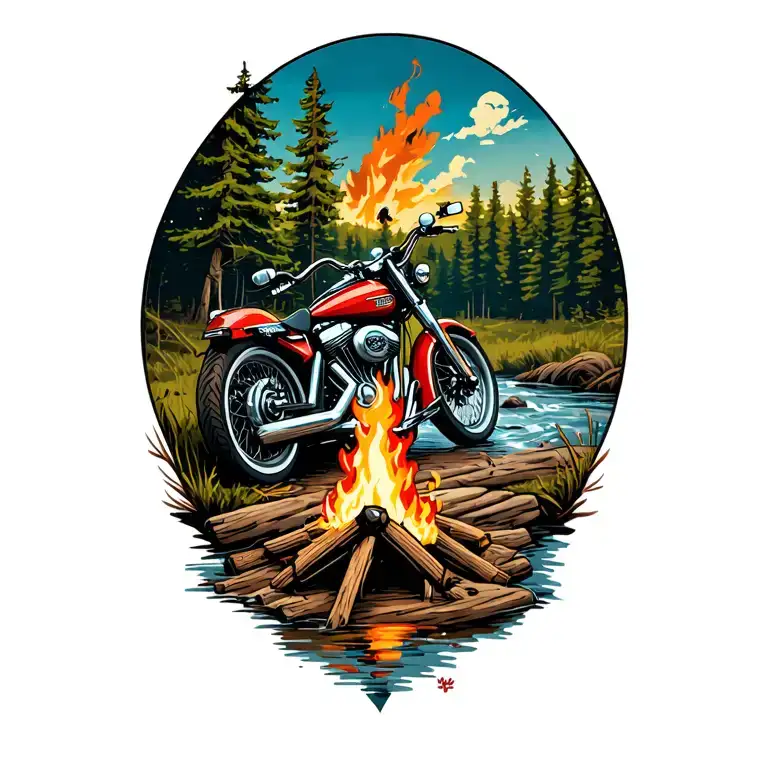 Harley Davidson Next To A Camp Fire By A Creek In A Forest