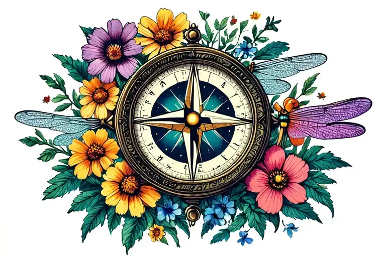 Wildflower Collage With Round Compass Hour Glass Christian Cross And Dragonfly