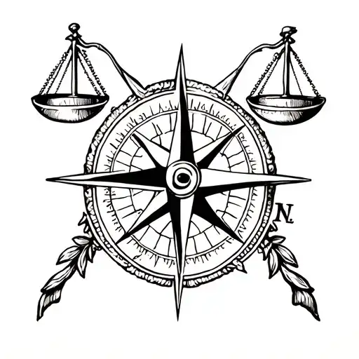 Compass Rose Intertwined With Libra Scales